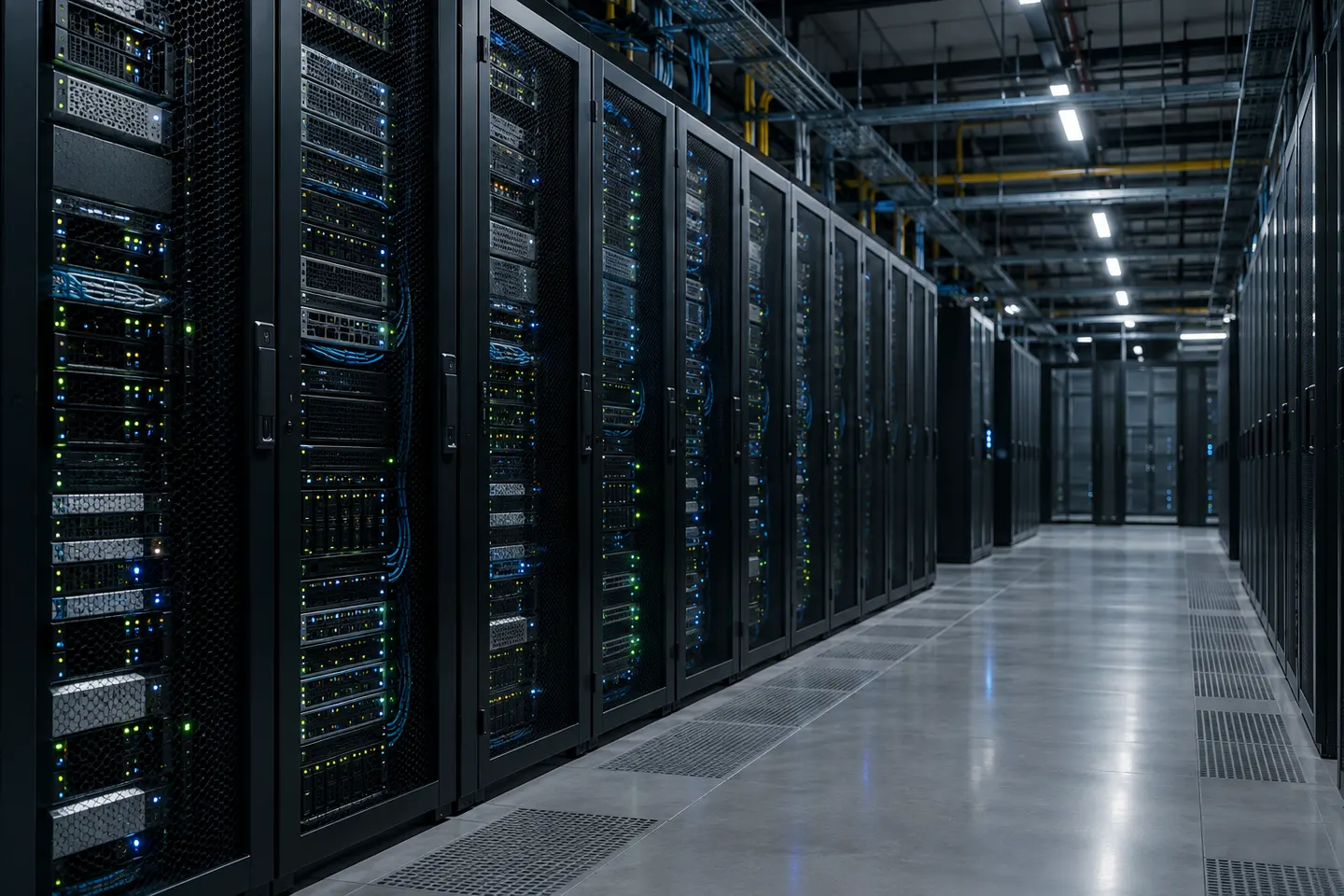 A generic modern data-center aisle with server racks and contained cabling