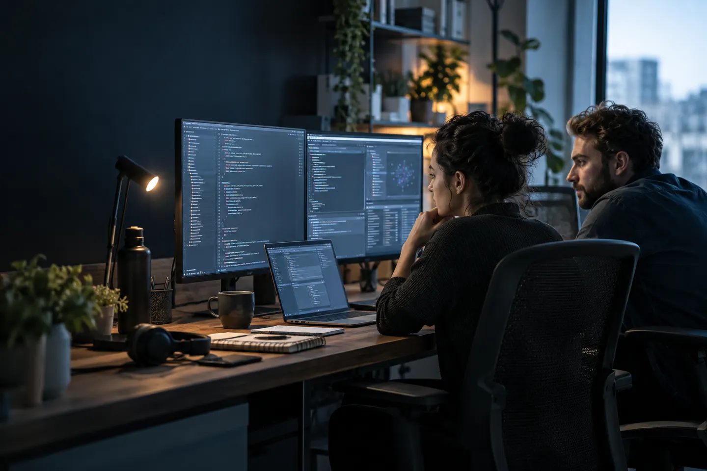 Two people collaborating at computer workstations in a generic software engineering studio