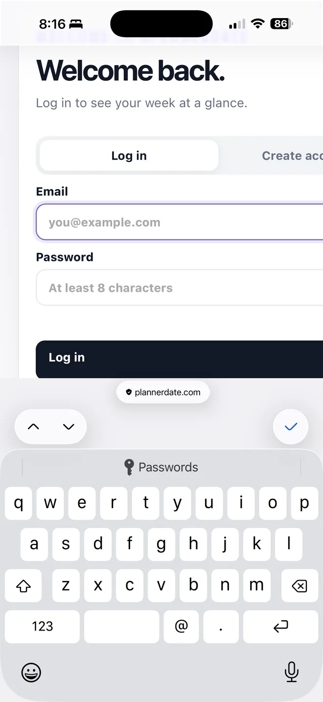 PlannerDate mobile sign-in screen, part of the existing product foundation from which Taskmify is evolving